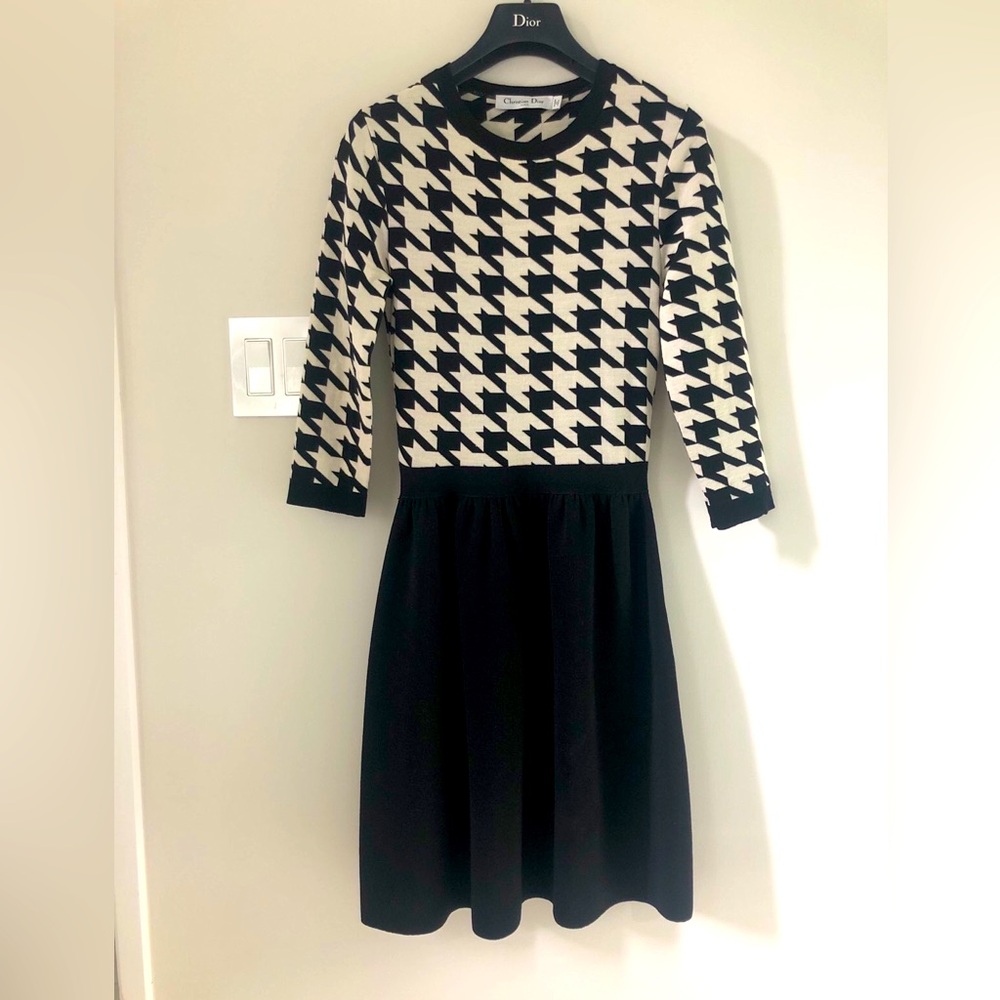 Christian Dior Monochrome Houndstooth Pattern Wool Dress. Size S